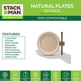 Paper Plates, 100% Compostable Heavy Duty, Disposable 7 Inch, Small Dessert Plate - [125-Pack] - {PFAS-Free} - {BPI Certified} Eco-Friendly, Biodegradable Bagasse Natural Brown 7" Small Plates