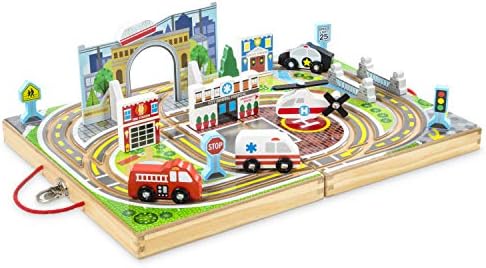 Melissa & Doug 18-Piece Wooden Take-Along Tabletop Town, 4 Rescue Vehicles, Play Pieces, Bridge , 15.4 x 11.0 x 2.6