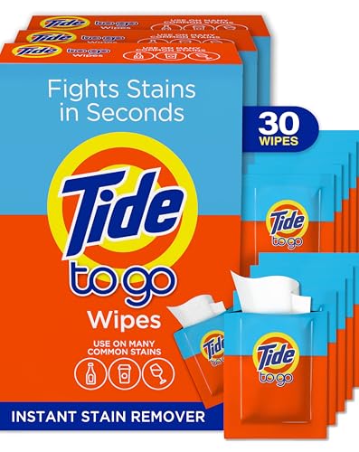 Tide To Go Stain Remover Wipes for Clothes, Instant Laundry Travel Stain & Spot Remover, 3 Pack, (30 Wipes Total)