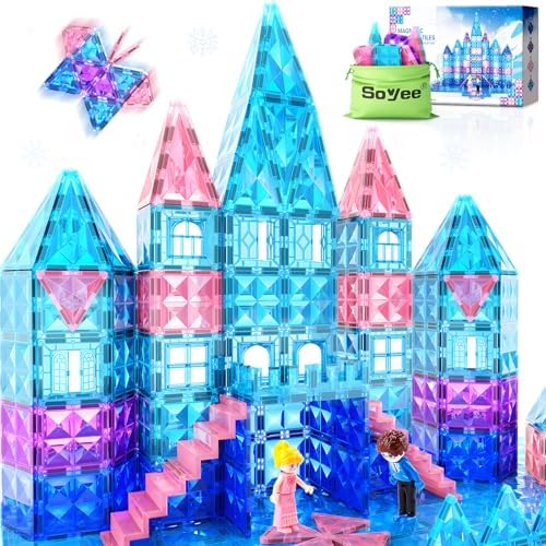 Magnetic Tiles 102pcs with 2 Stairs 2 Dolls Princess Castle Building Toys Girls Toys Age 4-5 6-8 Magnetic Blocks Birthday Xmas Gifts for Girls Toys for 3 4 5 6 7 8+ Year Old