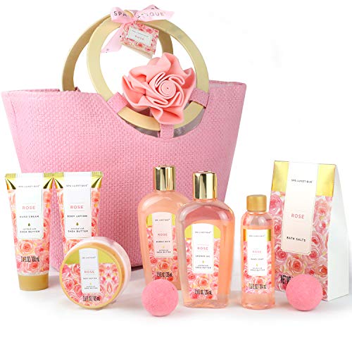 Spa Luxetique Spa Gift Set, Bath Gift Set for Women, 10 Pcs Rose Bath Set, Pink Tote Gift Bag with Shower Gel, Bubble Bath, Body Lotion, Hand Cream, Beauty Gifts for Women