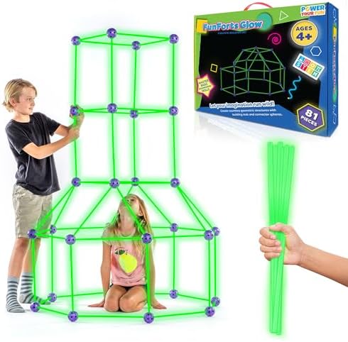 Fun Forts Glow Fort Building Kit for Kids - 81 Pack Glow in The Dark STEM Building Toys Indoor Outdoor Play Tent for Kids Construction Toys with 53 Rods and 28 Spheres