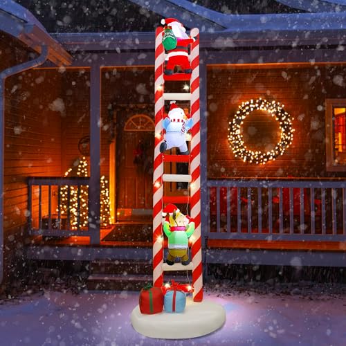 Joliyoou 10FT Christmas Inflatable Decorations, Giant Lighted Ladder Blowups Climbed with Reindeer, Santa, Snowman, C7 String Lights for Xmas Winter Holiday Roofs Trees Balconies Decor