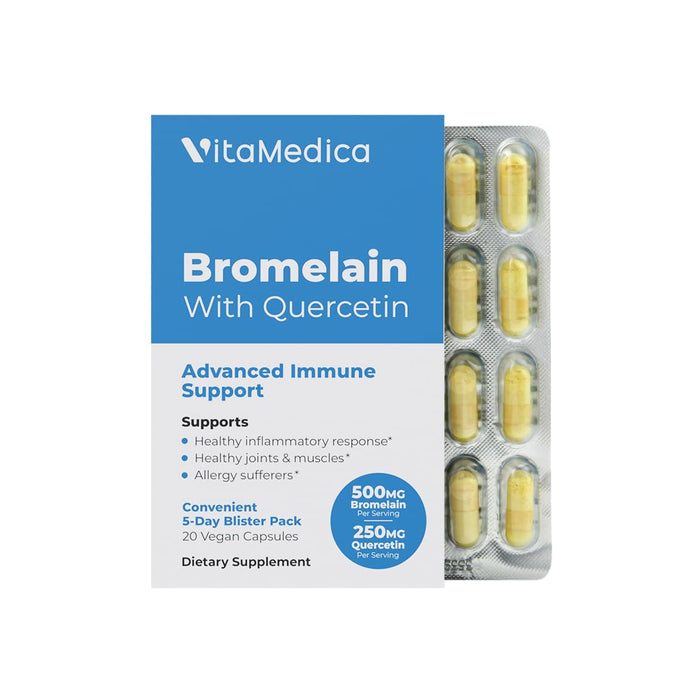 VitaMedica Bromelain with Quercetin Supplement | 2400 GDU/Gram Vegan Capsules for Healthy Tissues, Joint and Muscle Support | Plant Based Natural Formula | 20 Ct | 5 Day Supply