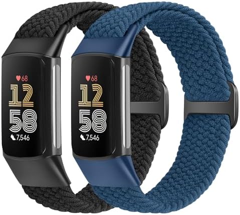 Elastic Braided Bands Compatible with Fitbit Charge 5/Fitbit Charge 6 for Women Men, Breathable Adjustable Stretchy Nylon Loop Sport Replacement Wristbands for Fitbit Charge 6 Charge 5 Straps