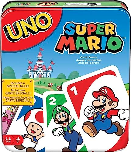 Mattel Games UNO Super Mario Card Game, Video Game Themed Travel Game in Collectible Storage Tin with Special Rule (Amazon Exclusive)