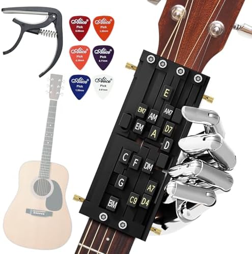 Guitar Chord Presser - Guitar Aid Chord Trainer for Beginners, Guitar Chord Helper Practice Tool with 6 Picks & Capo, Portable Guitar Assisted Learning Tools Kit Accessories for Acoustic Guitars