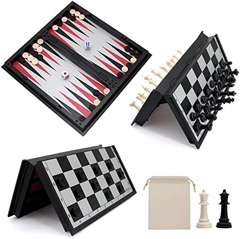 KAILE 10" Magnetic Chess Sets - 3 in 1 Travel Chess Checkers Backgammon Set with Folding Case - Portable Elastic Bag
