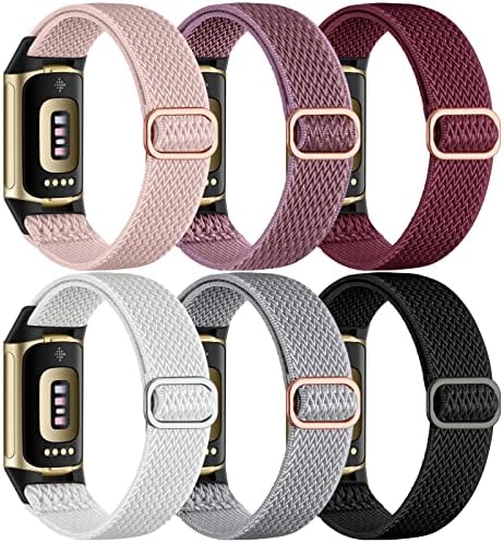 Maledan 6 Pack Stretchy Solo Loop Compatible with Fitbit Charge 5 Bands/Fitbit Charge 6 Bands for Women Men, Soft Nylon Adjustable Sport Elastic Wristbands Replacement Strap for Fitbit Charge 5/6