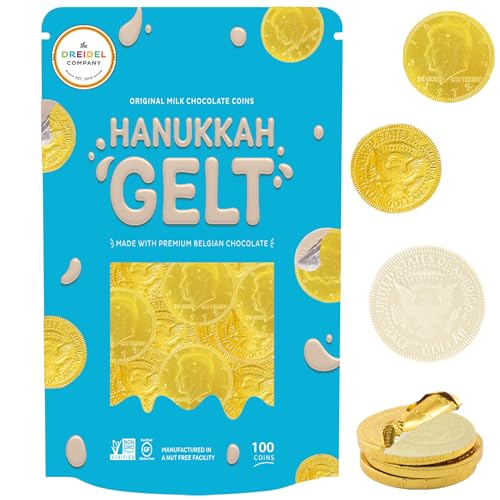 The Dreidel Company White Milk Chocolate, Hanukkah Gelt, Half-Dollar Gold Foil Coins, Made with Premium Belgian Chocolate, Gluten-Free, Non-GMO, Kosher Certified Dairy (100-Pack)