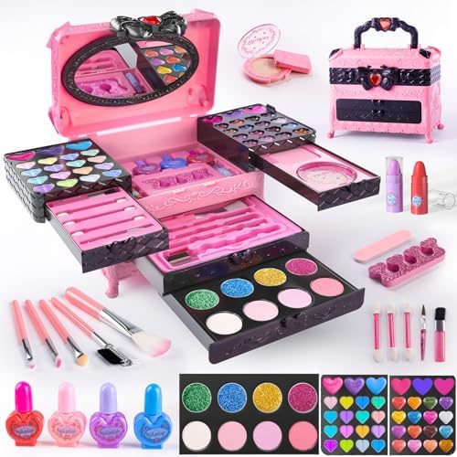 Kids Makeup Sets for Girls, 66pcs Real Cosmetic for Kids Toys with Mirror, Princess Washable Girls Makeup Kit, Non-Toxic & Safe Brithday Gifts for 3 4 5 6 7 8 - 12 Years Old（Pink Black）