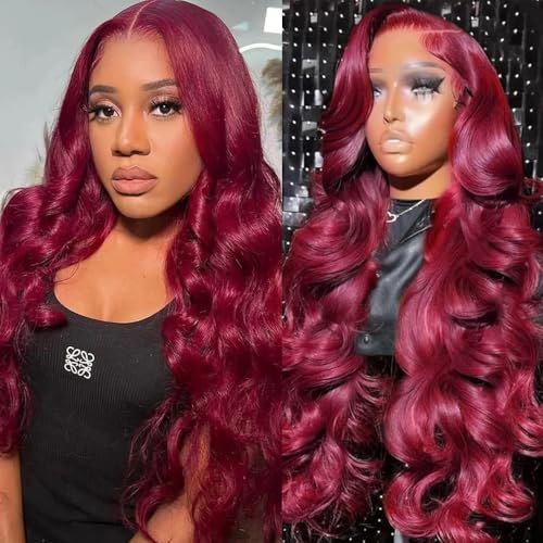 99J Burgundy Lace Front Wigs Human Hair Pre Plucked with Baby Hair 200% Density 13x4 HD Body Wave Lace Frontal Wigs Human Hair Wine Red Wig Human Hair Colored Wigs Human Hair Glueless Wigs 24 Inch