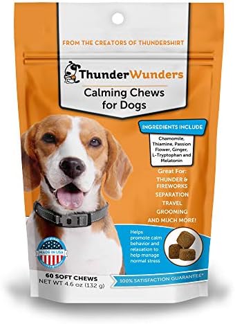 ThunderWunders Dog Calming Chews | Thiamine, L-Tryptophan, Melatonin and Ginger | Can Help Relieve Stress from Separation, Storms, Fireworks & Travel (60 Count)