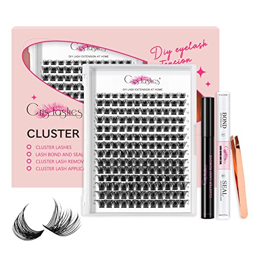 DIY Eyelash Extension Kit, Crislashes Cluster Lashes Kit with 168 PCS 8-16mm Mixed, Thin Band, Lash Bond and Seal, Applicator, Reusable Home Use (KIT 02)