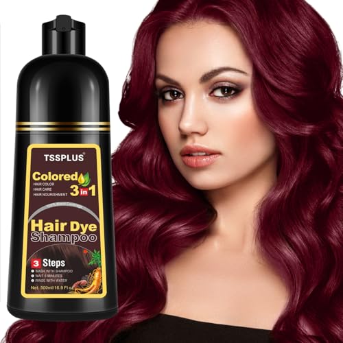 TSSPLUS Dark Red Wine 3 in 1 Instant Hair Color Shampoo for Gray Hair, Herbal Hair Dye Shampoo for Women Men, Long Lasting Red Hair Shampoo, 17 Fl Oz, Dark Red Wine