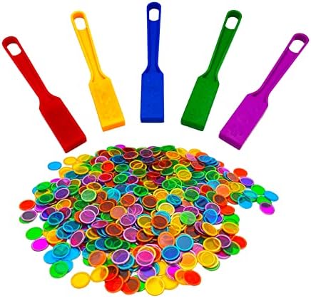 Magnetic Bingo Wand, 5-Pack & 500 Metal Chips, 5 Colors - Large Group Game, Family Night, Sensory Activity, Educational Science Tool