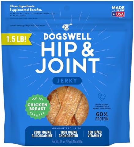 Dogswell Jerky Hip and Joint Dog Treats Grain Free Made in USA Only, Glucosamine and Chondroitin, 24 oz Chicken