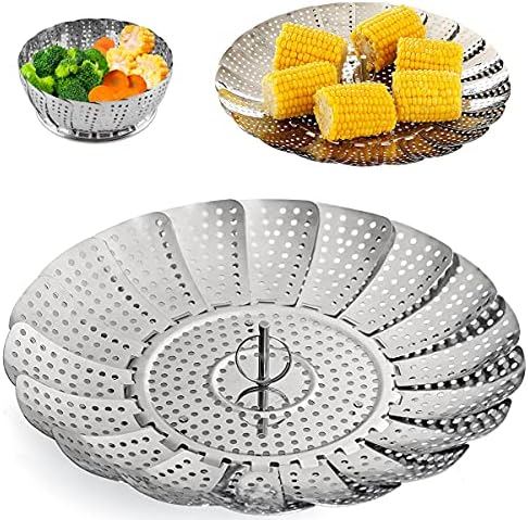 Collapsible Vegetable Steamer - Stainless Steel Basket for Instant Steam Pot for Veggie Fish Seafood Perforated Folding Steamers Insert Rack Metal Adjustable Tray Expandable Bowl for Food Cooking
