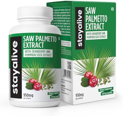 STAY ALIVE Saw Palmetto Extract Capsules w/Cranberry & Pumpkin Seed Oil, 120 Vegan Pills for Hair, U.T & Prostate, Pure Saw Palmetto for Men and Women, Non-GMO, Gluten Free Pumpkin Seed Supplement