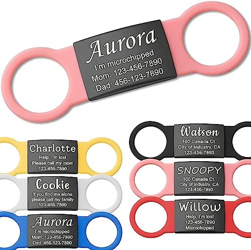 Anavia Slide On Silent Pet ID Tags, S/M/L/XL Personalized Black Stainless Steel Colored Silicone Cat Dog Name Tag, Customized Engraved Nameplate, Quiet Chew-Proof Pet Collar Tag (Pink, Large)
