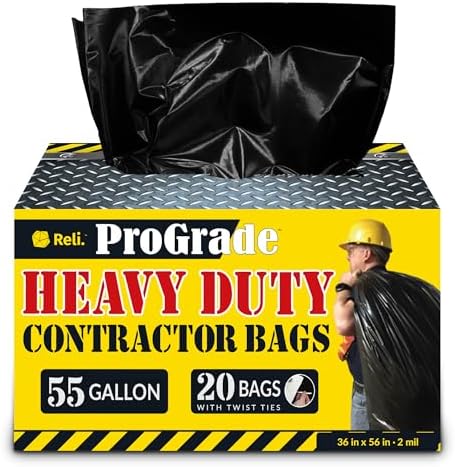 Reli. Contractor Trash Bags 55 Gallon Heavy Duty | 20 Pack w/Ties | Construction Garbage Bag | Industrial | Extra Large/Big | Black