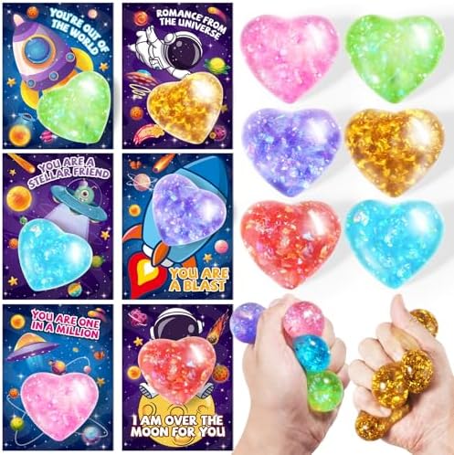 Valentines Day Cards for Kids School, 24 Pack Valentine's Greeting Cards with Heart Shape Stretchy Balls, Valentines Day Gifts for Kids School Classroom Exchange, Valentines Party Favors Prizes