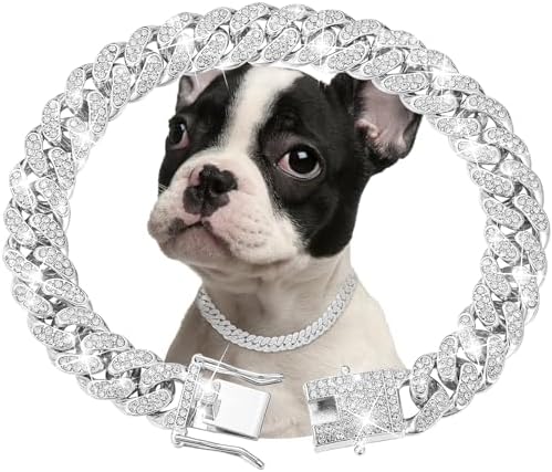 Silver Dog Chain Collar Diamond Cuban Link Dog Collar 13mm Wide Dog Necklace Metal Cat Chain Pet Crystal Collar Jewelry Accessories for Small Medium Large Dogs Cats(14inch)