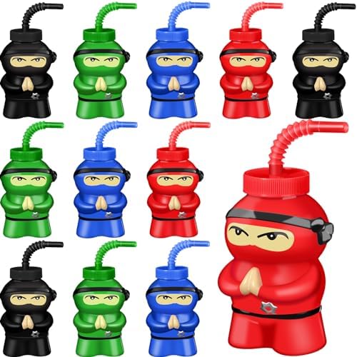 Layhit 12 Pcs Ninja Birthday Supplies Party Favor Cups 10 oz Ninja Plastic Cup Reusable Black and Red Cup Bulk for Kids Party Favor(Red Black Blue Green)