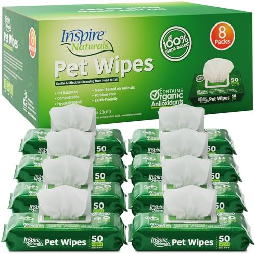 Inspire Naturals Pet Wipes for Dogs and Cats 100% Natural Plant Based with Organic Antioxidants, Dog Wipe Cleaning Deodorizing | Puppy Wipes | Dog Wipes for Paws and Butt (400ct - 8 Pack)