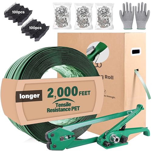FoundGo PET Banding Strapping Kit for Heavy Duty Tough Pallet Packaging Strapping Tool with >1500lbs 5/8" x 2000' PET Strapping Roll & its own Pull-Out Box 200 Corner Protectors 450 Seals-Green