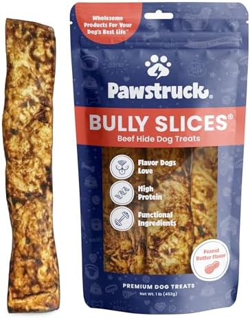 Pawstruck Bully Slices Premium Rawhide Chew Sticks, Peanut Butter Flavor - Low Fat, High Protein, Long-Lasting Treat for Dogs - No Artificial Ingredients - 1 lb Bag - Packaging May Vary