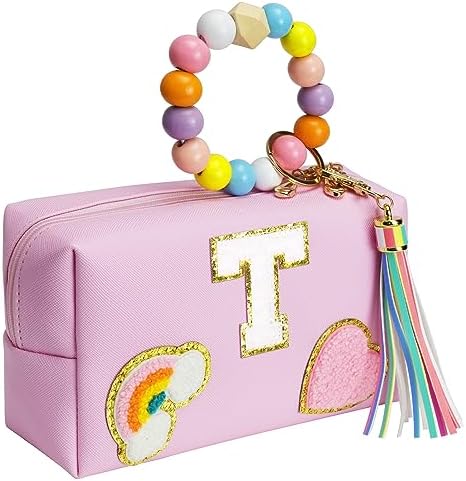 Initial Preppy Makeup Bag Girls, Personalized Portable Monogram Travel Cosmetic Bag with Keychain Bracelet, Cute Makeup Pouch PU Leather Toiletry Bag, Preppy Stuff Gift for Girls
