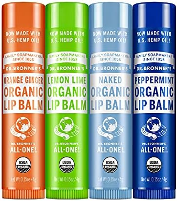 Dr. Bronner's - Organic Lip Balm Variety Peppermint, Orange Ginger, Naked, Lemon Lime) - Made with Organic Beeswax and Avocado Oil, For Dry Lips, Hands, Chin or Cheeks, 0.15 Ounce (Pack of 4)
