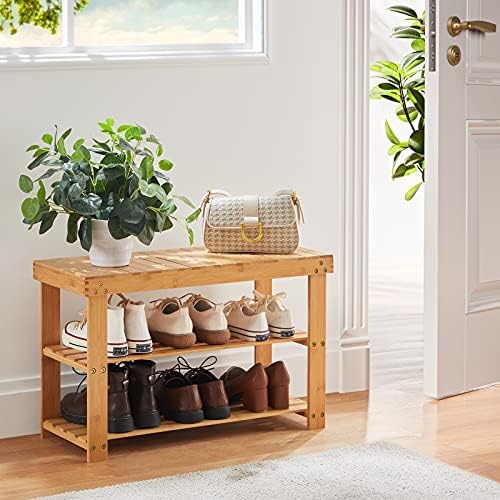 Pipishell 3 Tier Rolling Cart with Bamboo Shoe Rack Bench