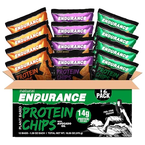 Natural Endurance Protein Chips - Low Carb Chips, High Protein Snack, Vegan Protein with Avocado Oil, 14g Protein Per Bag, Gluten Free, Original, Nacho & Chili - Variety Pack, 1.38 oz Bags (12 Pack)