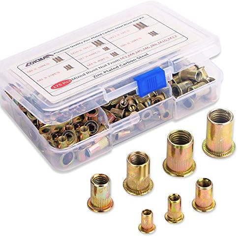 Rivet Nut, LOKMAN 175PCS Metric Rivet Nut Kit Carbon Steel Flat Head Threaded Insert Nut Assorted in M3 M4 M5 M6 M8 M10 M12, Knurled Body ( 1)