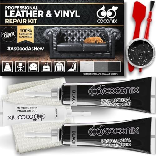 COCONIX Leather & Vinyl Repair Kit - Black & Gray | Fix Tears, Holes, Scratches, and Peeling on Leather and Vinyl Furniture, Car Seats, and Jackets | Easy Application with Customizable Colors