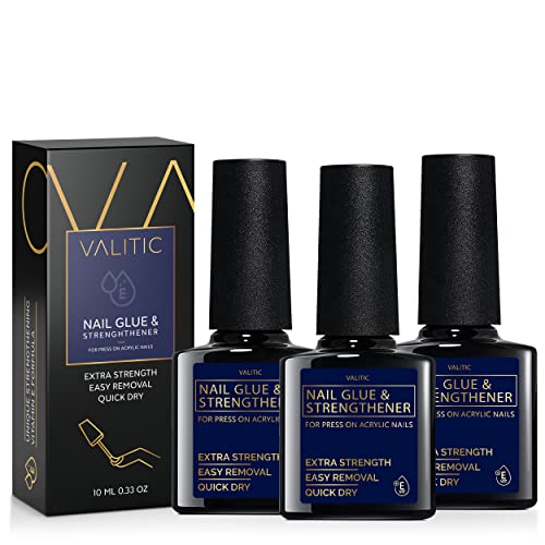 Valitic Strong Nail Glue and Strengthener for Acrylic and Press On Nails - Quick Dry Brush On Gel for Long Lasting Effect - Adhesive Nail Bond for False Nails with Tips Strengthener - 3 PACK