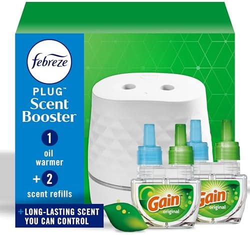 Febreze PLUG Scent Booster Starter Kit, Oil Diffuser, Air Freshener Plug In, Continuous Scent Device + 2 Gain Original Refills