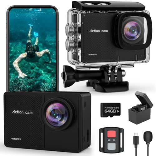 4K 60FPS Action Camara - Waterproof Camera with 64G SD Card 48MP HD WIFI Camera with EIS 40M Underwater Camera Wide Angle Sports Camera with 2*1350 mAh Batteries Helmet Mount Accessories Kits