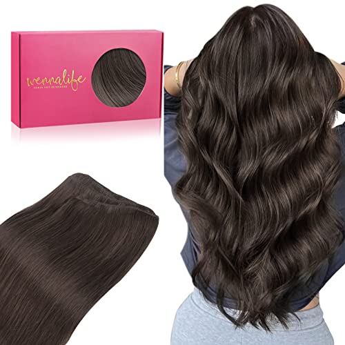 WENNALIFE Sew in Hair Extensions Real Human Hair, 16 Inch 80g Dark Brown Machine Weft Hair Extensions Human Hair Hand Tied Weft Hair Extensions Sew In