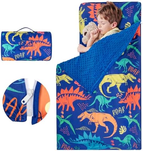 Toddler Nap Mat Extra Large 55‘’*29‘’ for 2-7 Years, Cotton Daycare Nap Mats with Removable Minky Blanket and Pillow, Boys Sleeping Mat Nap Mat for Preschool Kindergarten, Sleeping Bag Blue Dinosaur
