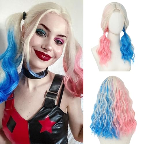 Pink and Blue Wig 18 Inch Medium Length Wigs for Women Middle Part Synthetic Hair Wavy Wig with Upgraded Strands,Natural Hair Wig for Daily Party/Halloween Use 18Inch,Pink and Blue