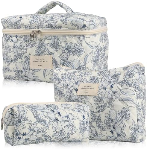 Cute Makeup Bag for Women(2 Pcs), Travel Cosmetic Bags, Quilted Coquette Aesthetic Floral Toiletry Organizer Bag (22 - Black Flower)