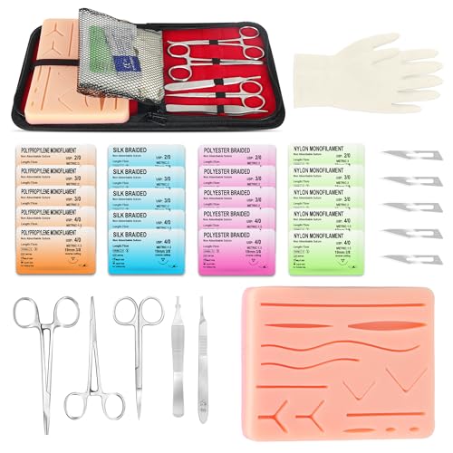 Suture Practice Kit for Medical Students, Large Silicone Pad 14 Pre-Cut Wounds, Supplies for Vet/Nursing Students Includes Surgical Removal Practice Wound Closure Stitches Kit De Sutura.