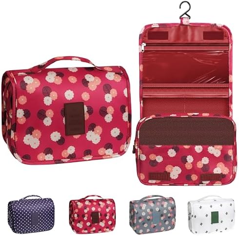 Toiletry Bag Travel Bag with Hanging Hook, Waterproof Capacity Hanging Multifunctional Makeup Bag for Toiletries, Portable Cosmetic Bag Travel Organizer for Women and Men(Wine Red FLower)