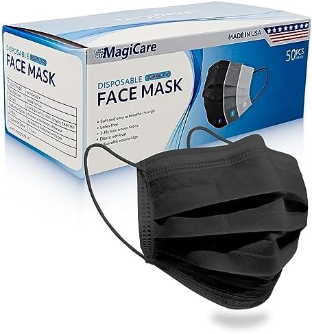 MagiCare USA Black Face Masks, Disposable - Adult 3 Ply Black Mask - Disposable Black Face Mask for Adults - Comfortable, Soft, Breathable (50/Box)