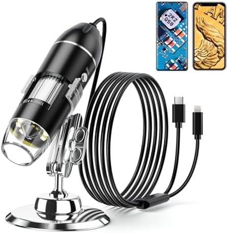 Digital Microscope, 50X-1600X Magnification Portable USB Microscope with Adjustable Stand, Mini Microscope Camera Compatible with iPhone, iPad, Android