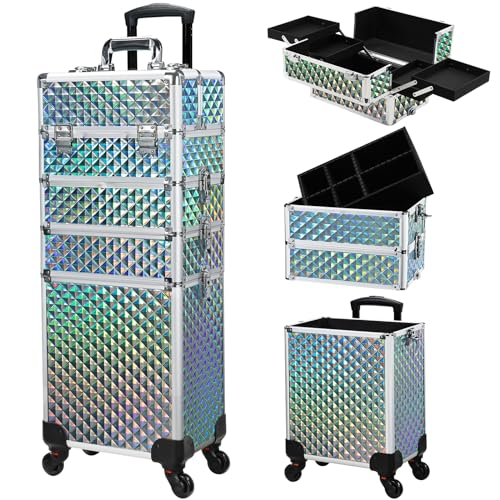 Stagiant Rolling Makeup Train Case Large Storage Cosmetic Trolley 4 in 1 Large Capacity Trolley Makeup Travel Case with Key Swivel Wheels Salon Barber Case Traveling Cart Trunk
