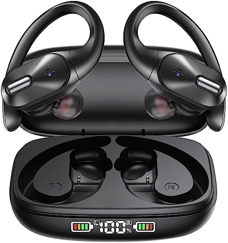 Bluetooth Headphones Wireless Earbuds Bass Stereo Sound with Wireless Charging Case 48H Playback Earphones LED Display with Built in Mic and Over Earhooks Waterproof Headset for Running
